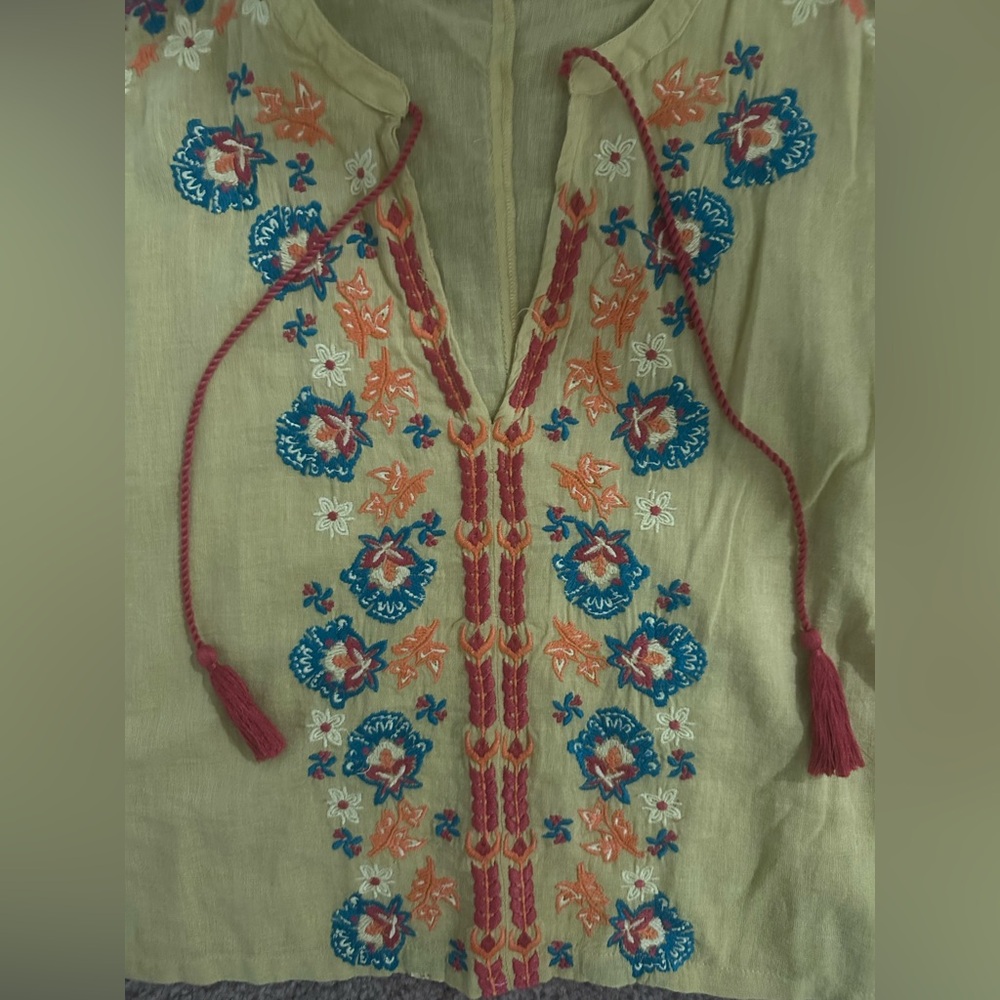 Natural Life Embroidered Tassel Top - Chartreuse - S - Picture 3 of 6